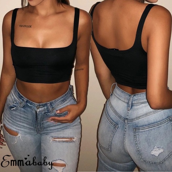 Tops - Black Square Neck Crop Tank Top